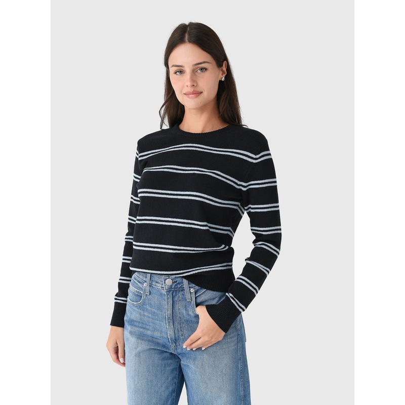 White + Warren Women’s Fine Cotton Boucl Striped Crewneck Sweater