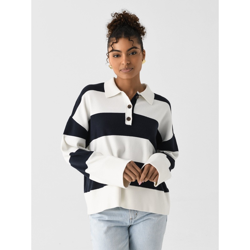 White + Warren Women’s Fine Cotton Blend Rugby Polo Sweater