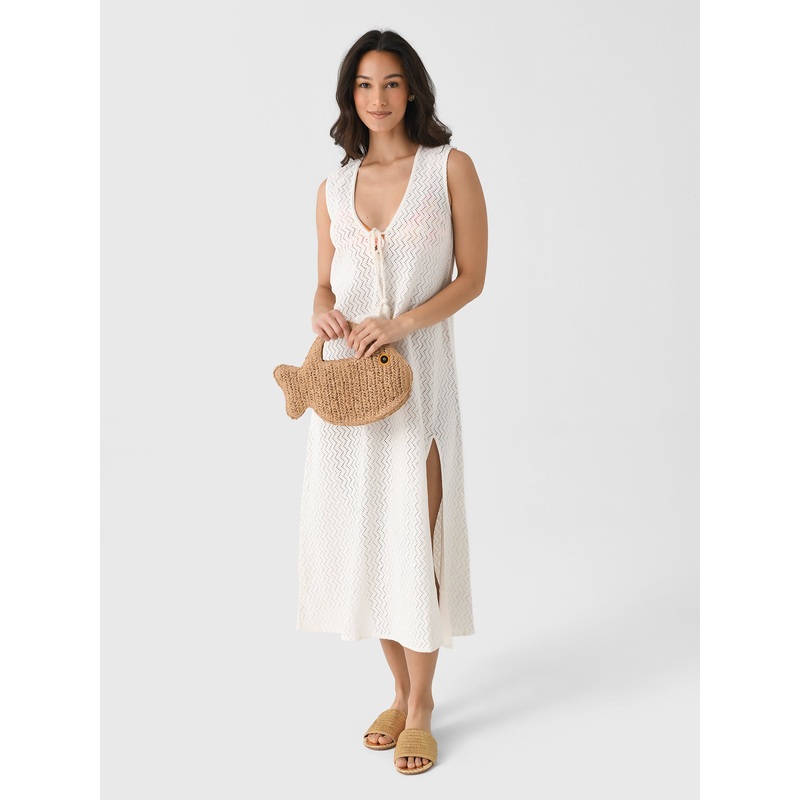 Sitano Women’s Sorrento Dress|XS|S|M|L|AZULE BLUE & WHITE STRIPE|WHITE CROCHET