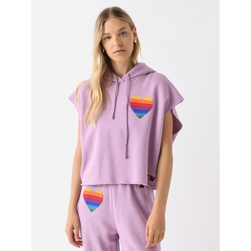 Aviator Nation Women’s Rainbow Heart Stitch Sleeveless Relaxed Cropped Pullover Hoodie