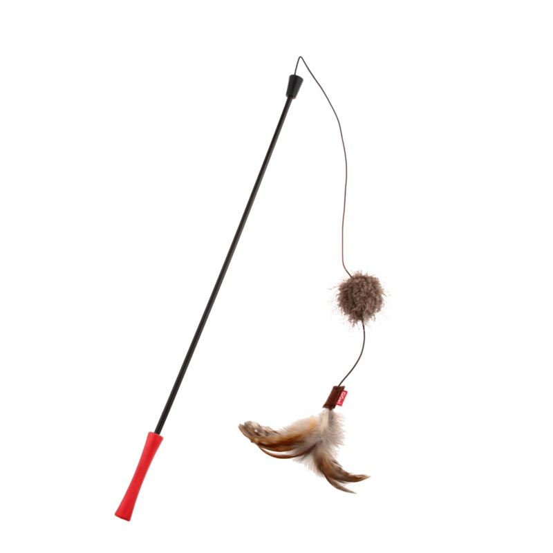 GiGwi Cat Toys – Cat Wand ‘Feather Teaser’ w/natural feather, plush tail and TPR handle