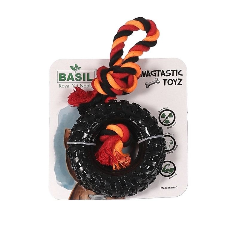 Basil Dog Toys – Rubber Tire with Rope and Center for Treats