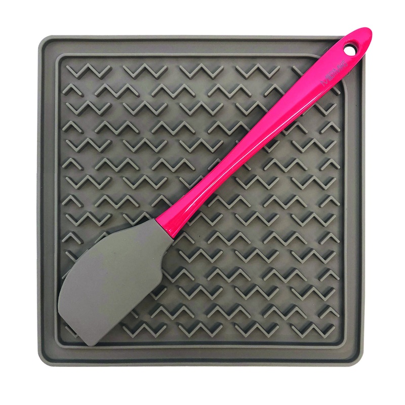 Messy Mutts Silicone Therapeutic Dog Feeding Mat w/Spatula Grey 8 x 8